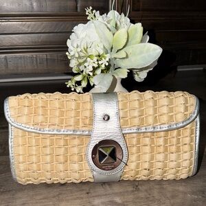 Kate Spade Tan Woven Straw Clutch with Silver Leather Trim